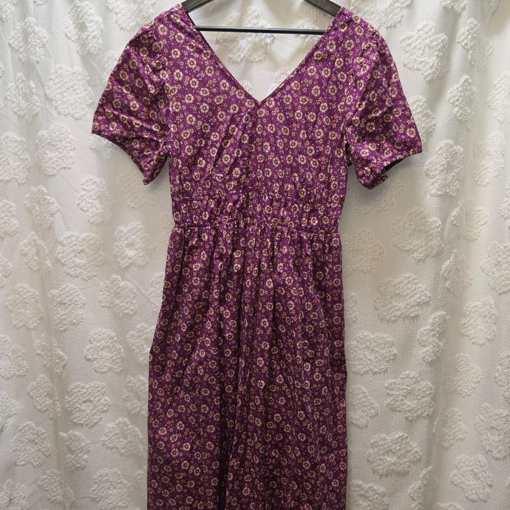 J.Crew Womens Purple Floral Ditsy Daisy Smocked Waist‎ V-Neck Midi Dress Pockets